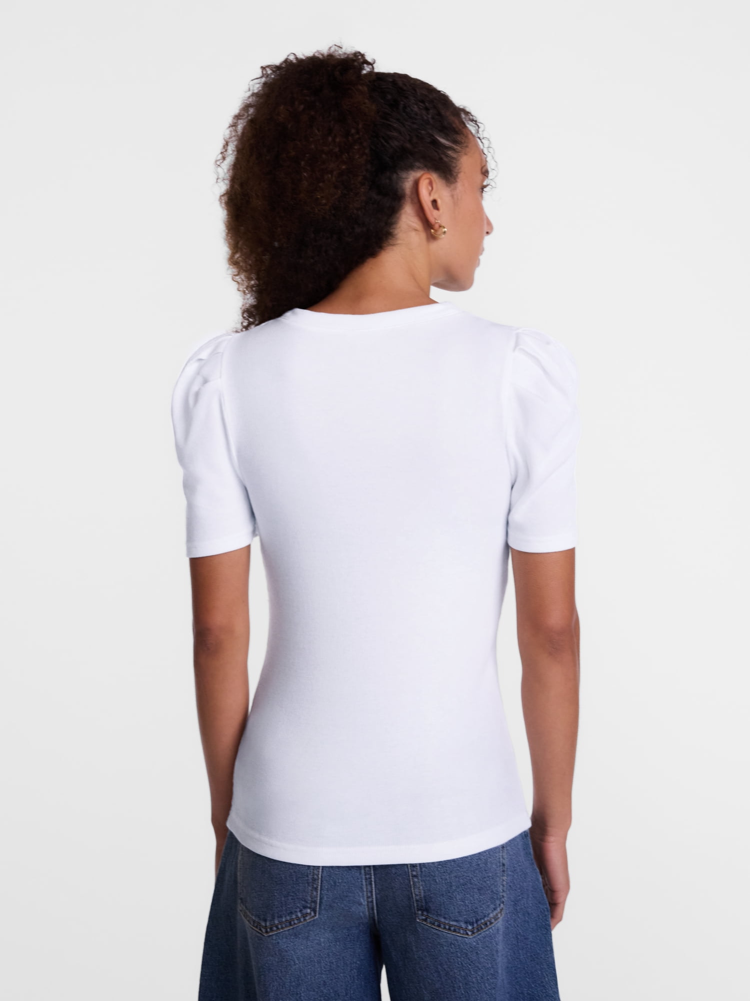Scenario Women's V-Neck Henley Top with Short Puff Sleeves, Sizes XS-XXXL