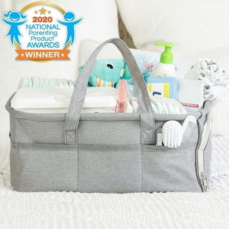 Baby Diaper Caddy Organizer by Kids N Such - Zipper Pocket - Large 15x12x7 Portable Diaper Holder Basket for Nursery or Car - 3 Insert Compartments - Grey Canvas Tote - Boy or Girl - Baby Shower