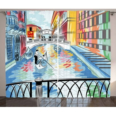 Ambesonne Venice Curtains 2 Panel Set, Colorful Sketch Bridge, 108" x 84", Multicolor