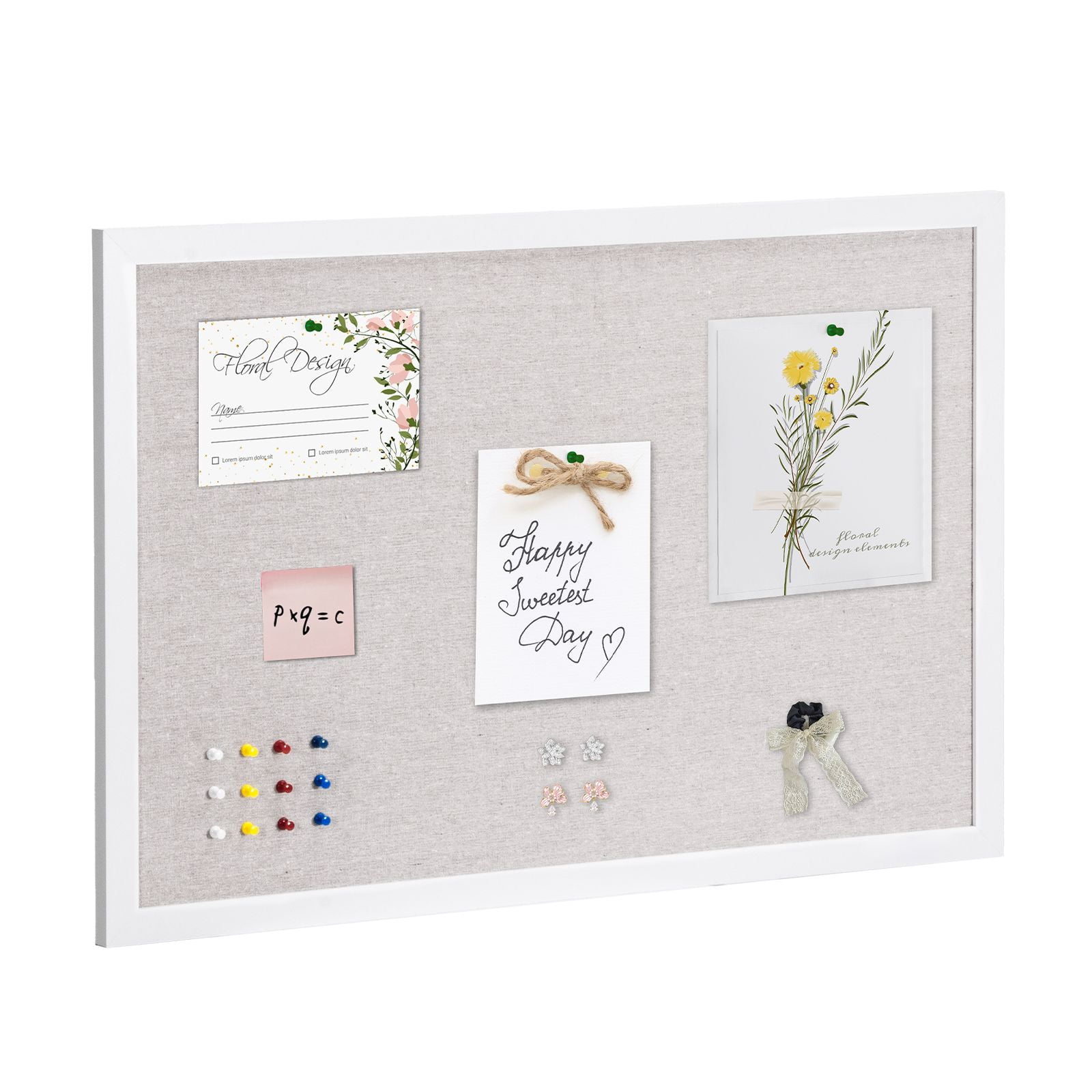 30 x 20 Inch Large Bulletin Board, White Polyester-Cotton Surface, MDF Frame, 7mm Fiberboard Core, Complete with Push Pins & Installation Kit, for Home, Office & Classroom