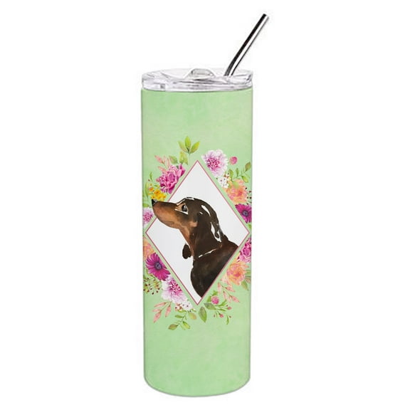 Carolines Treasures CK4422TBL20 Black and Tan Dachshund Green Flowers Stainless Steel 20 oz Skinny Tumbler 20 oz