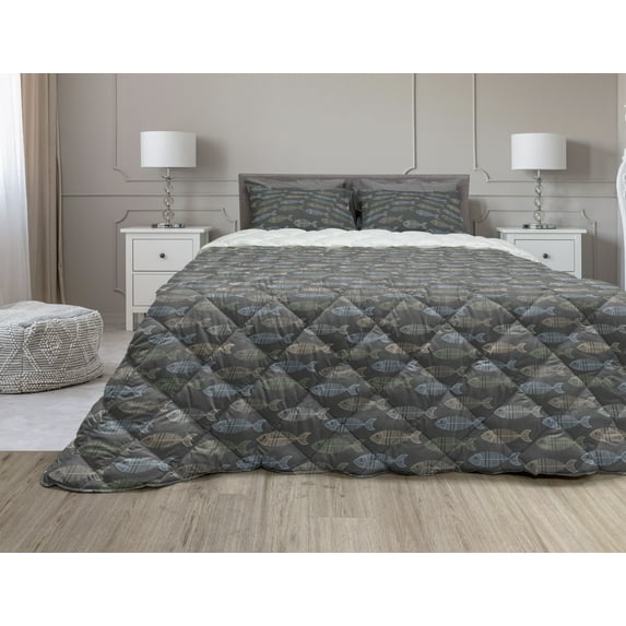Fish Comforter & Sham Bedding Set, Vintage Geometric Animal Design with Lines Retro Marine Pattern Fish Skeleton Image, 3 pcs Duvet Set Microfiber Filling Quilt, 5 Sizes, Multicolor, by Ambesonne