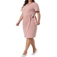 thumbnail image 4 of Agnes Orinda Women's Plus Size Pencil Dress Belted Tie Vintage Crew Neck Short Sleeve Office Work Midi Bodycon Dresses with Zipper 1X Pink, 4 of 6