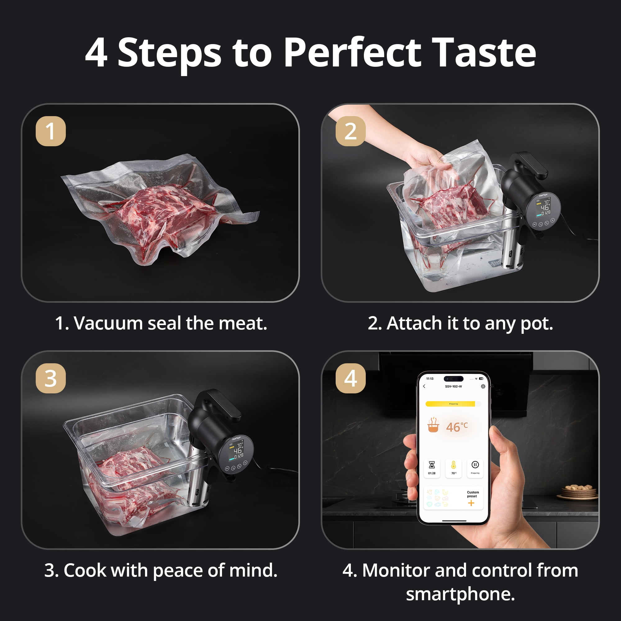 CharMeter SSV-102-W 2.4G WiFi Sous Vide Cooker, 1000W Sous Vide Machine with Immersion Circulator, App Recipes, Alarms, Timer and Booking Function, Ultra Accurate Control