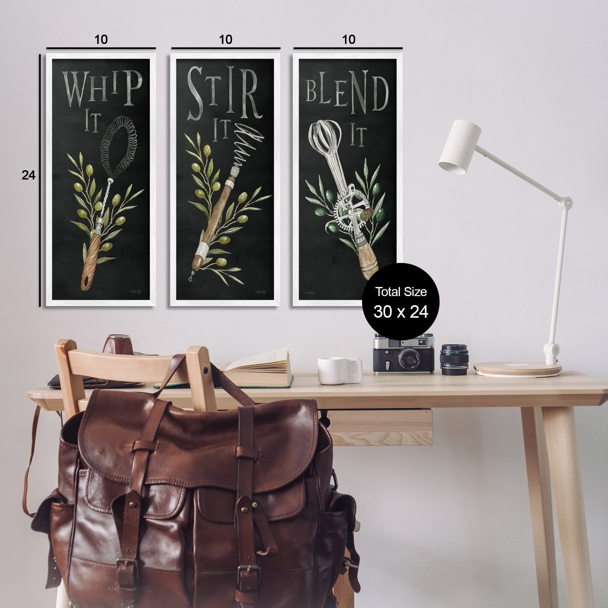 Stupell Industries Kitchen Utensils & Phrases Botanical & Floral Painting White Framed Art Print Wall Art, 10 x 24, Set of 3