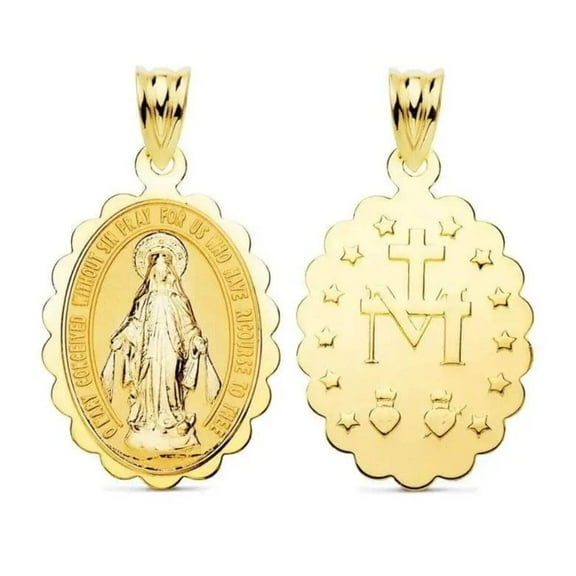 18K Solid Yellow Gold  Large Miraculous Medal with Polished border 0.98 x 0.74 inch  without bail