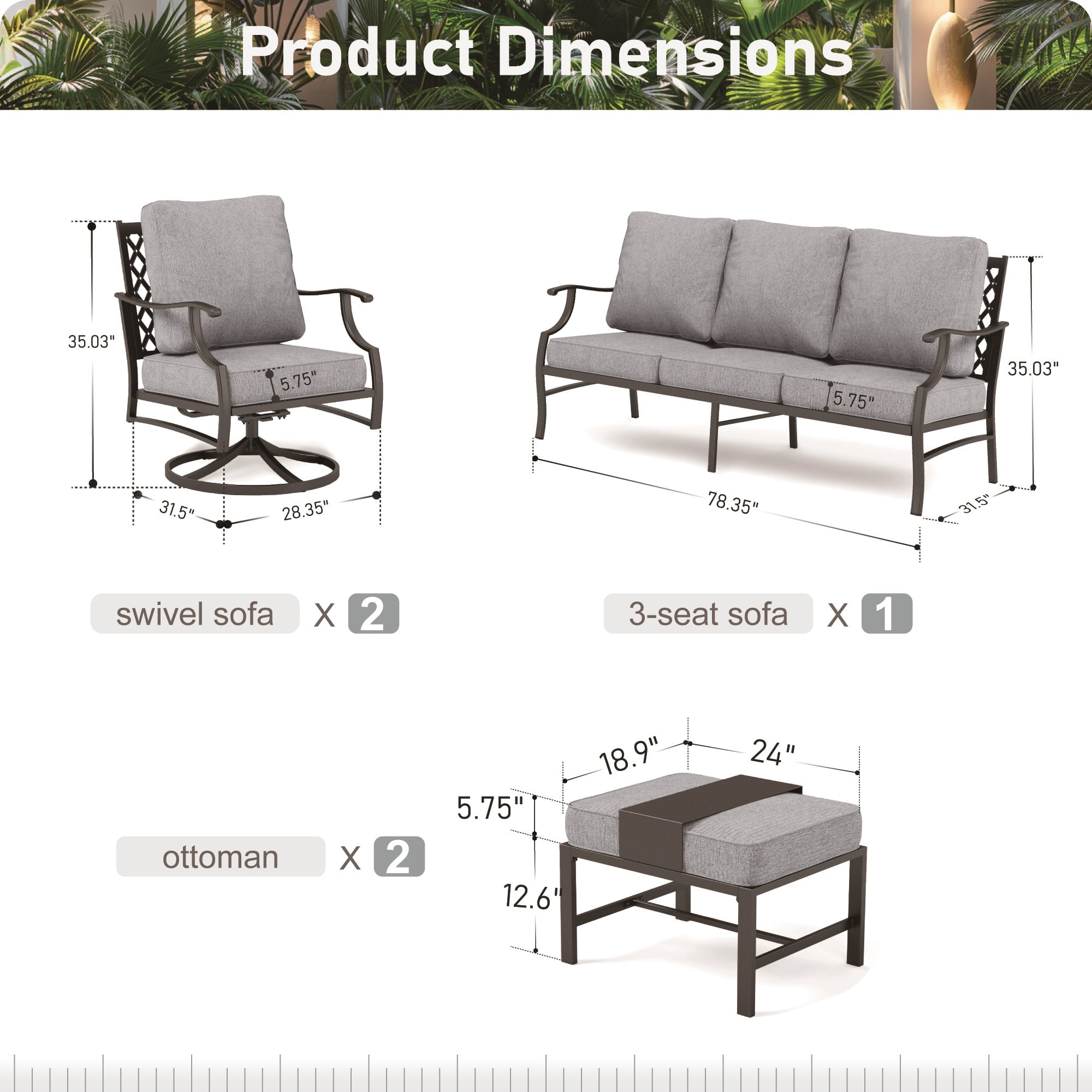 MF Studio 7-Seater Patio Conversation Set Metal Outdoor Furniture Set with Swivel Chairs and Ottomans - Gray