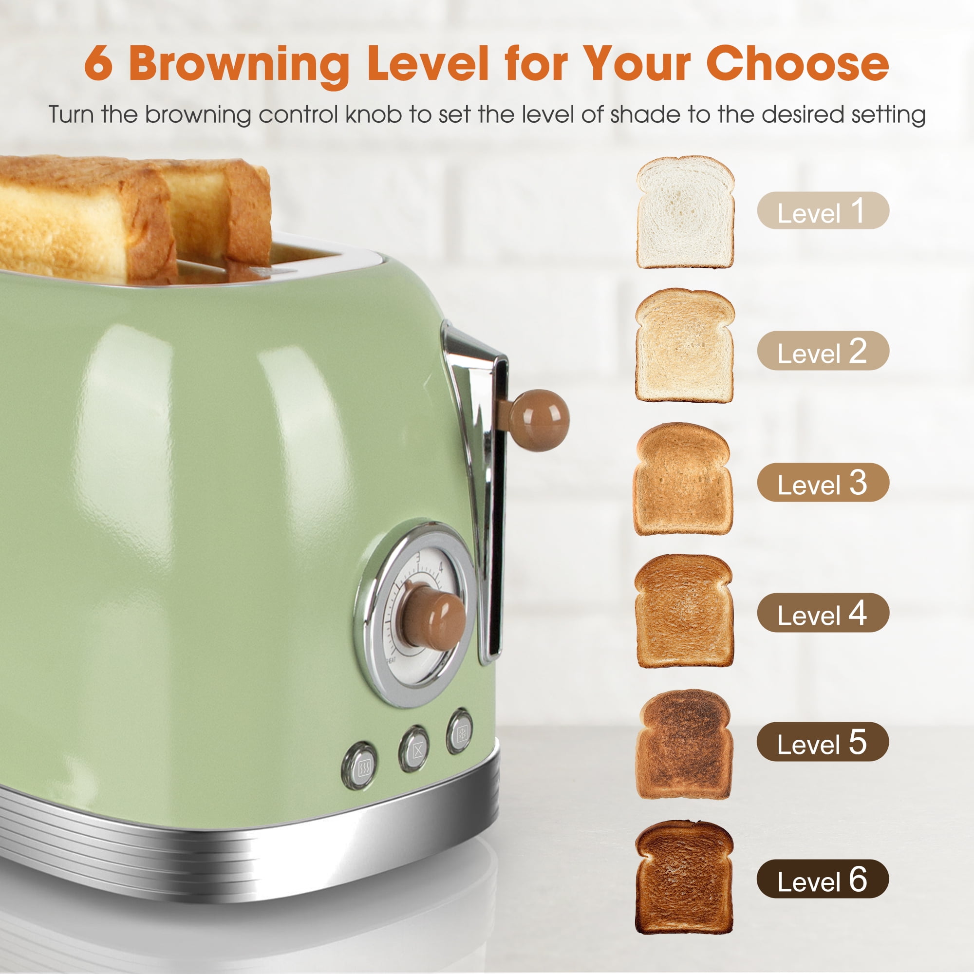 Crownful 2-Slice Toaster, Extra Wide Slots Toaster, Retro Stainless Steel with Bagel, Cancel, Defrost, Reheat Function and 6-Shade Settings, Removal