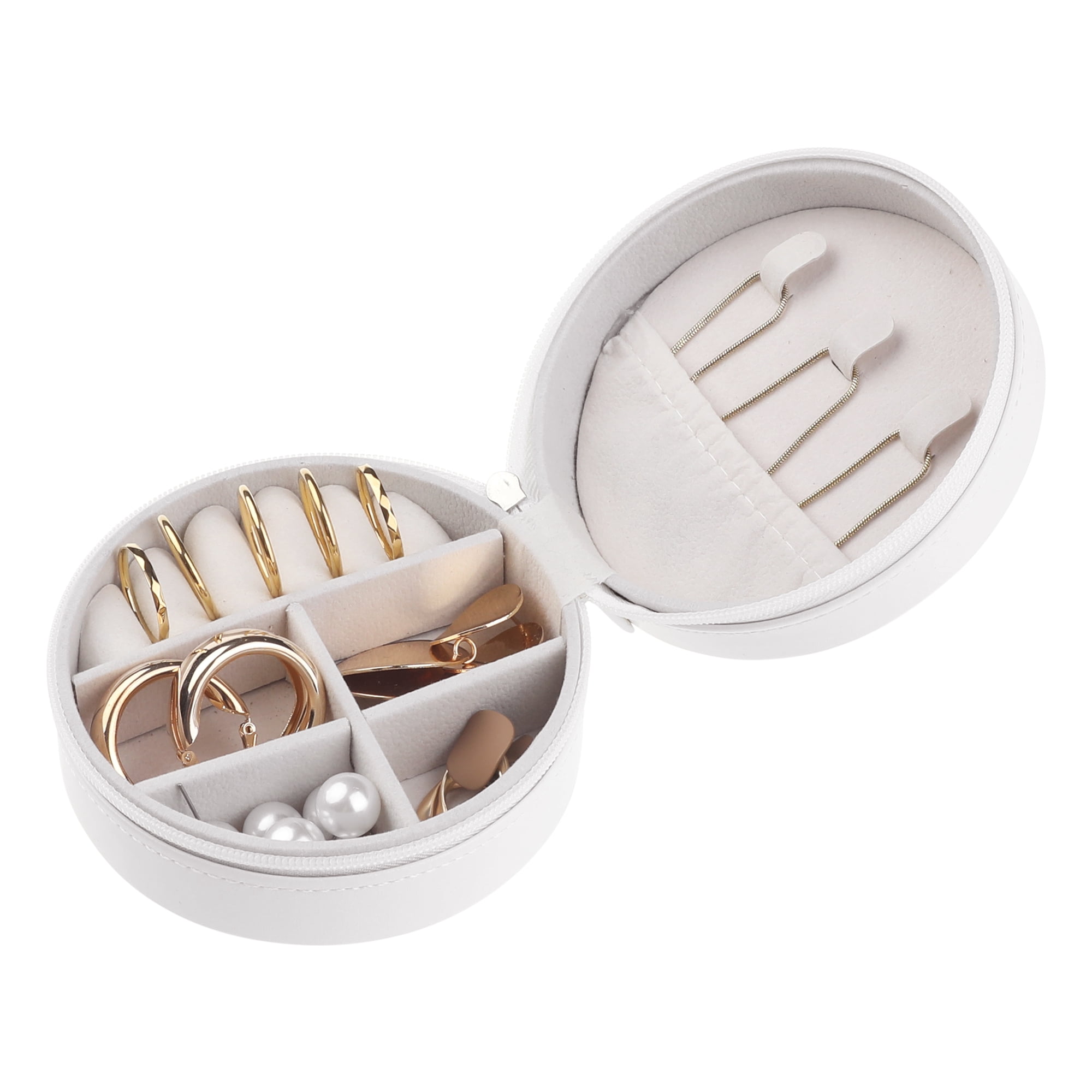 Unique Bargains Travel Jewelry Box Small Round Portable PU Leather Jewelry Organizer Case White
