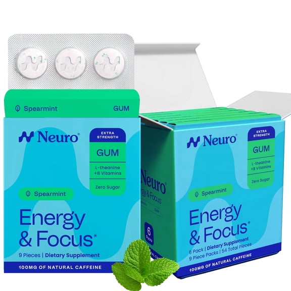 NeuroGum Extra Strength Energy & Focus Gum (6 Pack, Spearmint) | 100mg Natural Caffeine