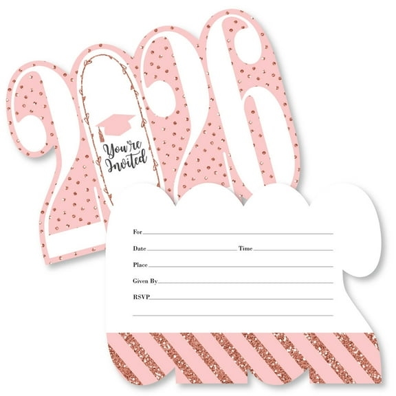 Big Dot of Happiness Rose Gold Grad - Shaped Fill-In Invitations - 2026 Graduation Party Invitation Cards with Envelopes - Set of 12