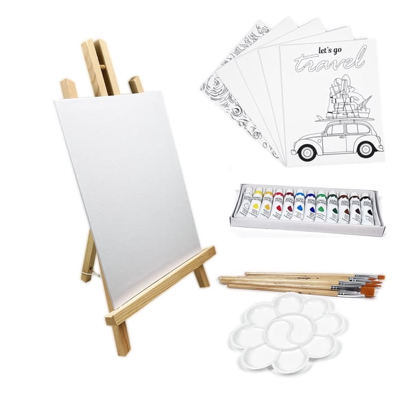 Bibana 25 Pieces Tabletop Wood Easel Set, Painting Easel Stand, Coloring Canvas, Acrylic Paint Set, Paintbrush, Art Supplies