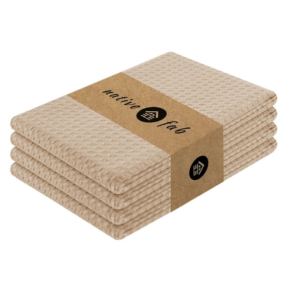 Native Fab Waffle Cotton Kitchen Tea Towels 16x26 - Absorbent Quick Dry Dishcloths Set of 4 - Beige