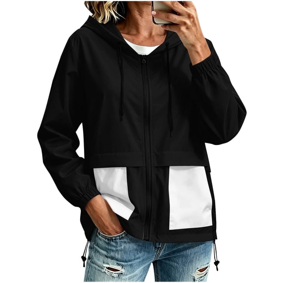 vdgthytj Rain Jacket Women Long Sleeve Full Zip Color Block Hooded Waterproof Fall Outdoor Outerwear with Pockets(X-Large,White)