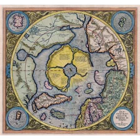 Flat Earth Map North Pole Septentrionali um Terrarum Poster Globe 1595