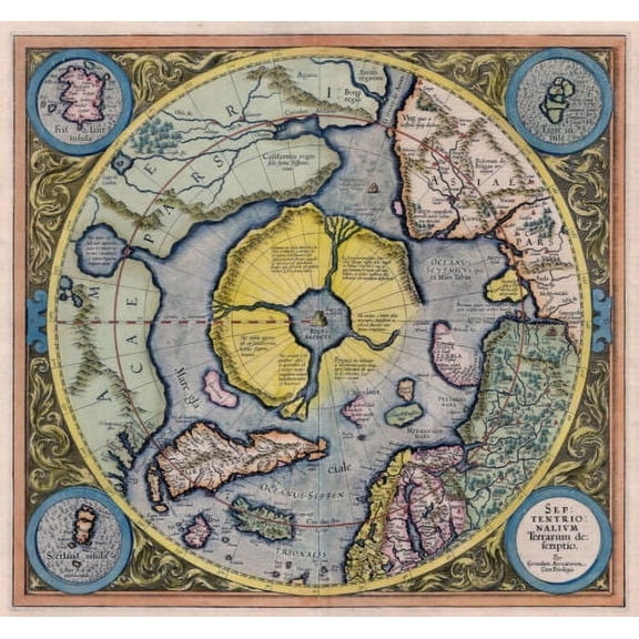 Flat Earth Map North Pole Septentrionali um Terrarum Poster Globe 1595