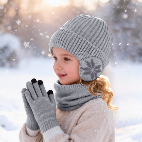 CPNG Kid Knitted Hat Girls Boys Earflap Beanie and Touchscreen Gloves Thermal Fleece Lined Stretchy Windproof Warm Winter Hat for Outdoor Sports