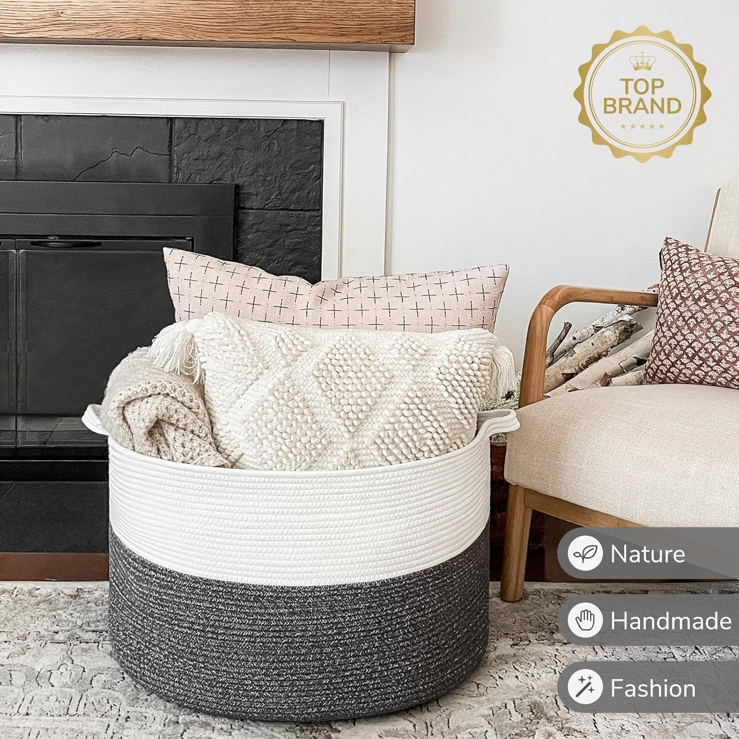 UniMall XXXLarge Cotton Rope Basket 21.7" x 21.7" x 13.8" Woven Baby Laundry Baskets Blanket Basket Toy Baskets with Handle Storage Comforter Cushions Gray Laundry Hamper