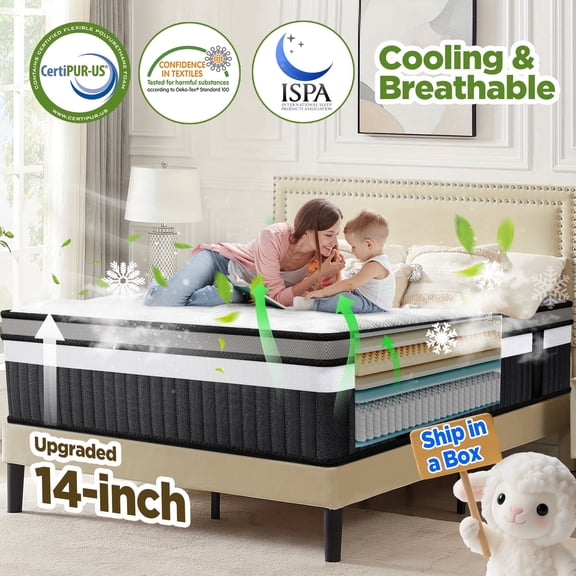 King Mattress, 14 Inch Hybrid Medium Firm King Size Bed in a Box - CertiPUR-US Certified Memory Foam, King Size mattress for Pressure Relief, Cooling Sleep, and Motion Isolation