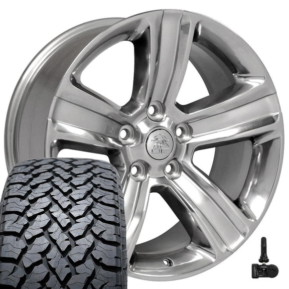 OE Wheels DG65 20 Inch Rims and Tires Fit Ram 1500 Style 5x139.7 20x9 Gloss Silver with Polished Face - Hollander 2453 - TS-37 AT 275/55-20 (Set of 4)