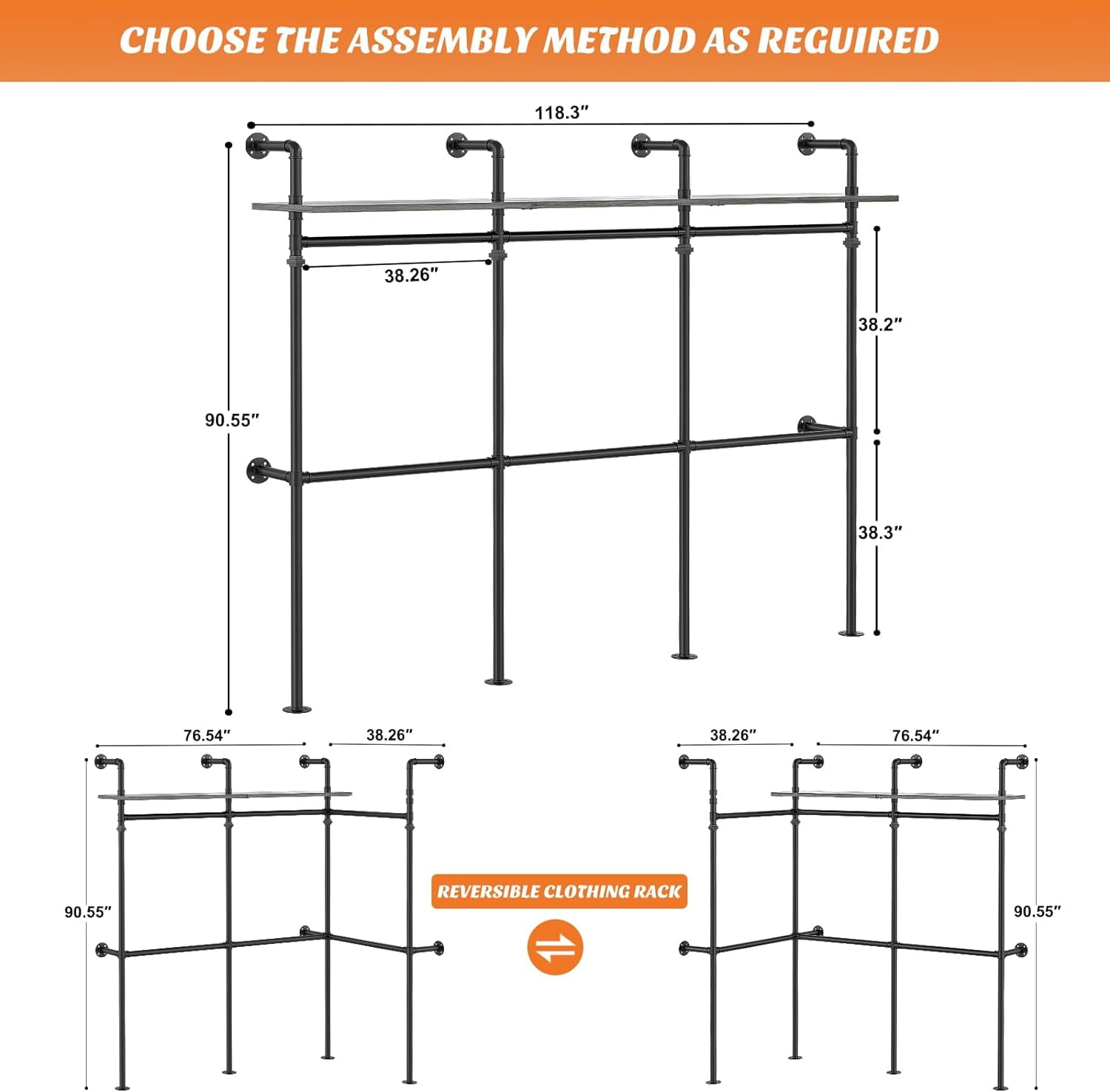 Homieasy Industrial Pipe Clothing Rack, Heavy Duty Garment Rack Closet Wardrobe Rack with LED Lights& Shelves, Black Oak