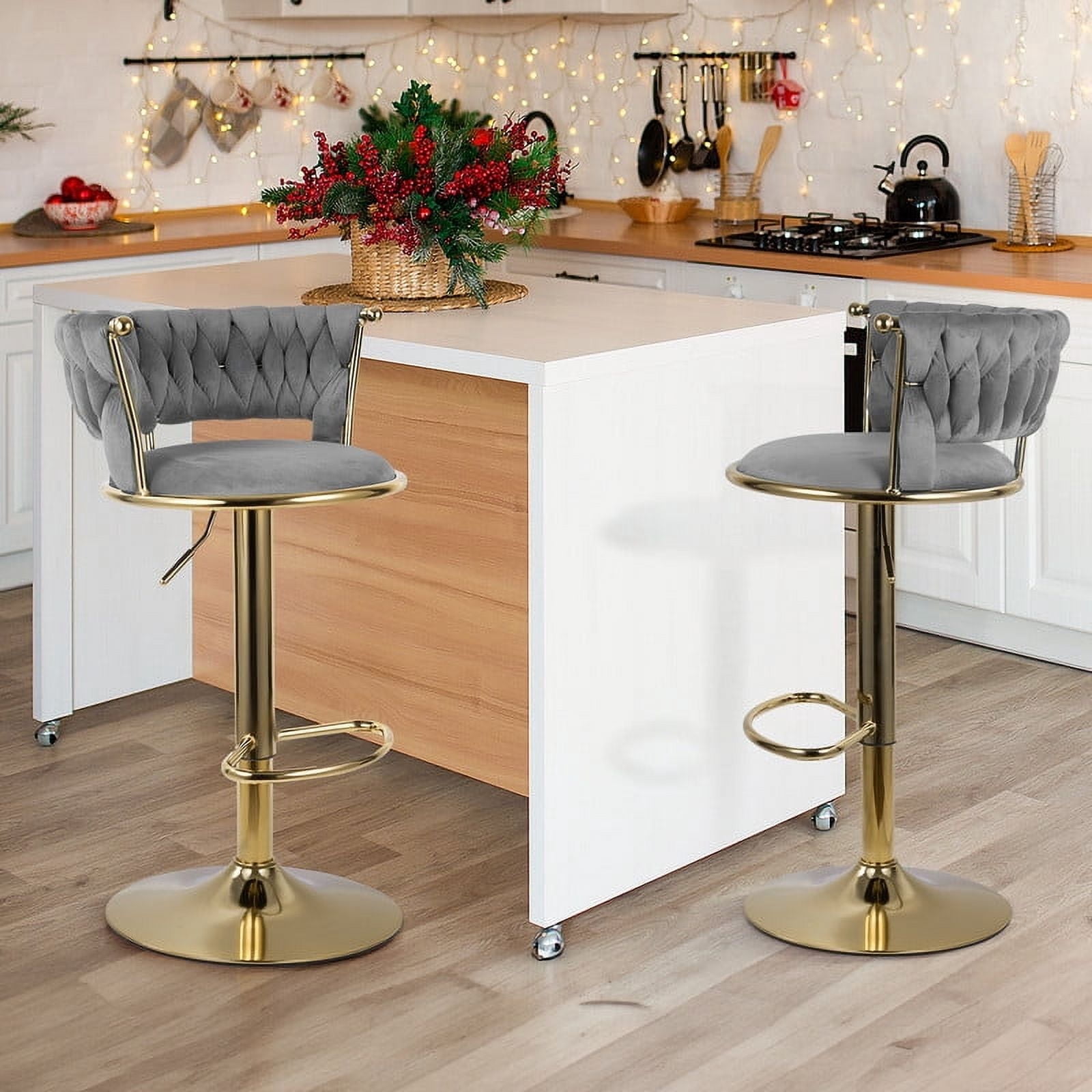 Hawsaiy Modern Velvet Bar Stool Set of 2 with Woven Back and Footrest for Kitchen, Bar, and Dining Spaces,Dark Gray