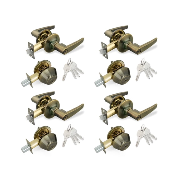 Antique Brass Entry Lock Set Door Lever Handle and Deadbolt Keyed Alike