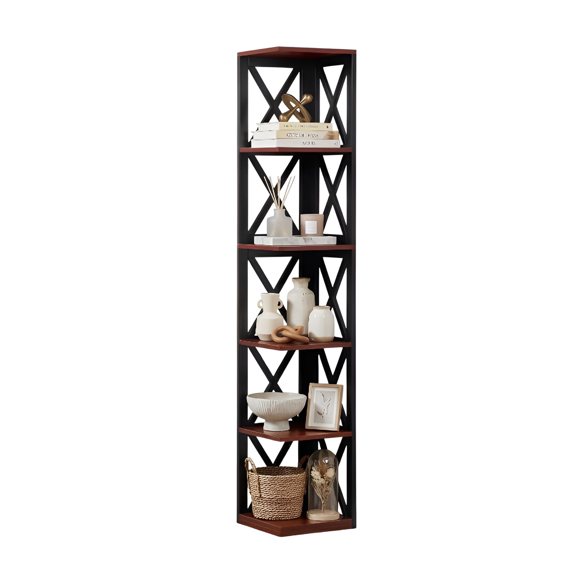Convenience Concepts Oxford 5 Tier Corner Bookcase, Cherry and Black