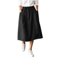 thumbnail image 2 of PBFRDSJ Cotton Linen Skirt for Women Elastic Waist Button Front Vintage Stretch A-Line Flared Casual Midi Skirts Peasant Trendy Skater with Pockets, 2 of 7