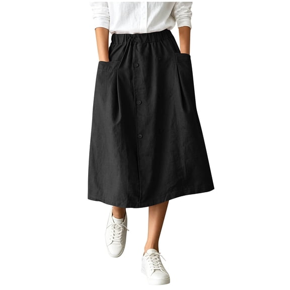 Cotton Linen Midi Skirts For Women Elastic Waist Button Detail A-Line Skirt Summer Casual Lounge Vacation Skirts With Pockets
