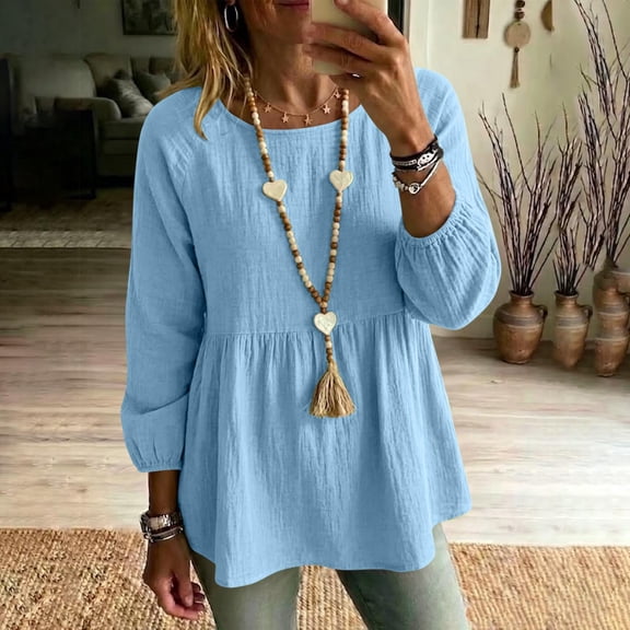 thefmos Women Plus Size Fall Round Neck Long Sleeve Tunic Tops Solid Boho Casual Pullover Blouses Loose Flowy Shirts for Curvy Women Vacation Outfits, Light Blue M