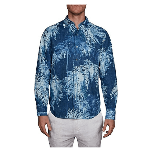 Tommy Bahama Long Sleeve Indigo Evening Linen Blend Camp Shirt ( Ocean Deep, M)