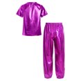 thumbnail image 2 of iixpin Kids Girls Metallic Jazz Dance Outfit Short Sleeve Sparkly T-shirt and Pants 2 Piece Hip Hop Dancewear Purple 2-3, 2 of 7