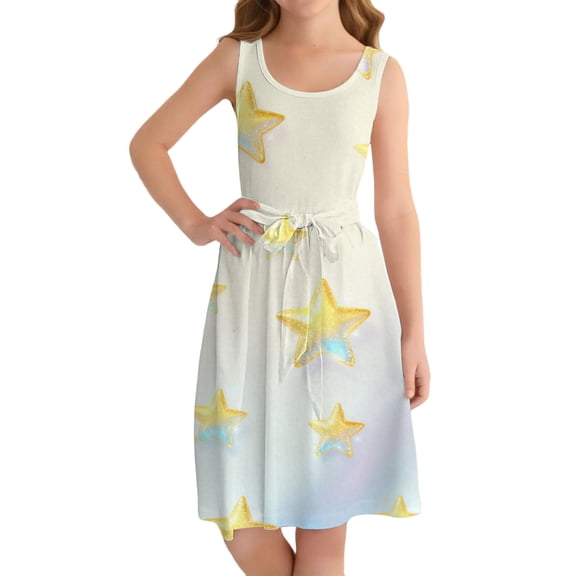 Ruyang Girls Hawaiian Vacation Dresses Star Print Swing Sleeveless Tank Sundress Summer Stretchy Beach A-Line Maxi Dresses