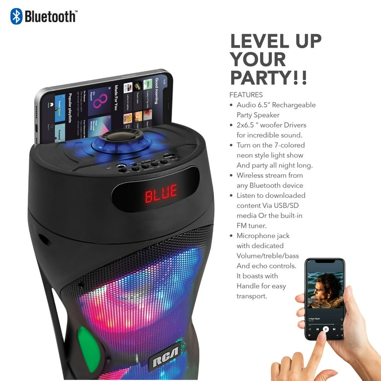 RCA Disco 206 RGB Wireless Party Speaker, LED Light, Dual 6,5