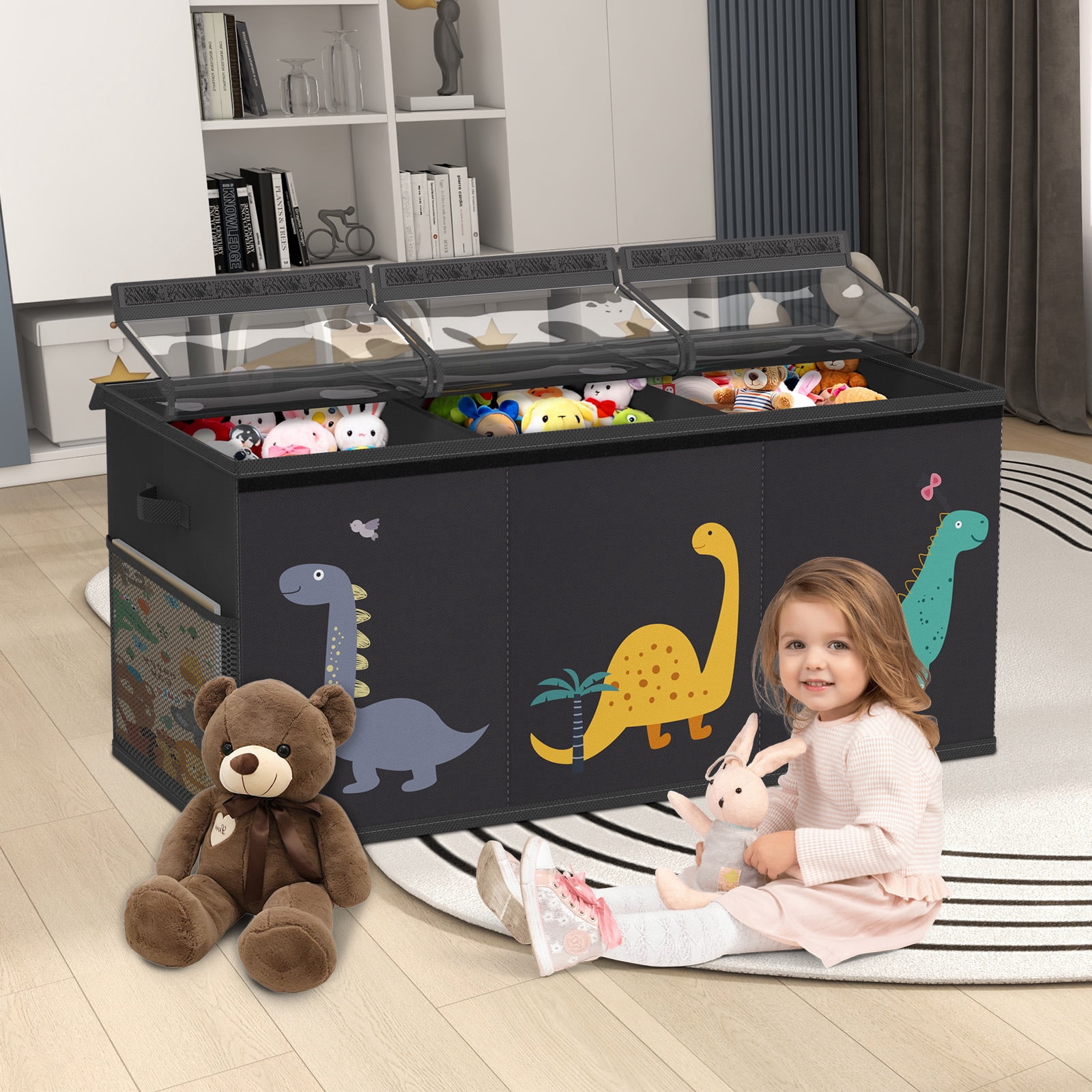 Extra Large Toy Storage Box for Boys Girls - Collapsible Toy Chest Organiser for Kids,Toy Bin Container with Clear Lid for Clothes,Blanket,Nursery,Playroom,Bedroom,Stuffed Animals,Quilt(Black)