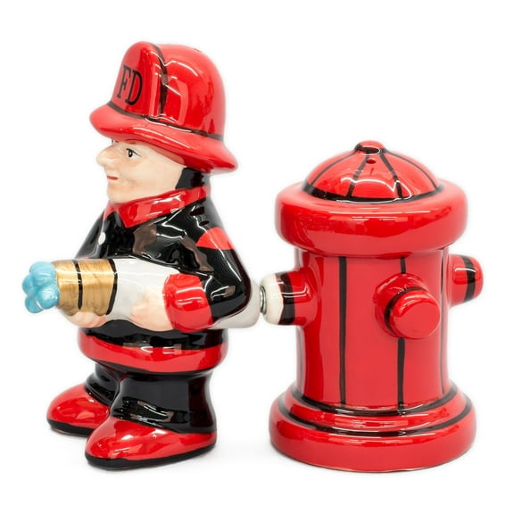 Fireman with Hose and Hydrant 4 Inch Ceramic Magnetic Salt and Pepper Shaker Set Novelty Gift