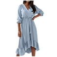 thumbnail image 2 of YFPWM Fall Dresses for Women 2022 Vacation Dresses Maternity Photoshoot Dress Bridal Shower Dresses for Guest Spring Autumn V-Neck Solid Color Long Sleeve Lace-Up Waist Ruffle Dress, 2 of 9