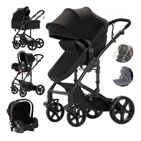 Magiczc Stroller 3-in-1 Travel System with Bassinet and carrycot, Convenient Folding,Unisex, Black