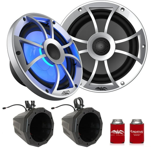 Wet Sounds Recon8-S-RGB 8" Sliver Grill RGB Marine Speakers with US2-C8U-175 Black Speaker Pod with 1.75" Roll Bar Clamps