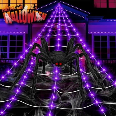 Uesreaxy Halloween Decorations Outdoor, 200 LED Halloween Spider Web with 79" Giant Plastics Spider for Halloween Yard Decorations