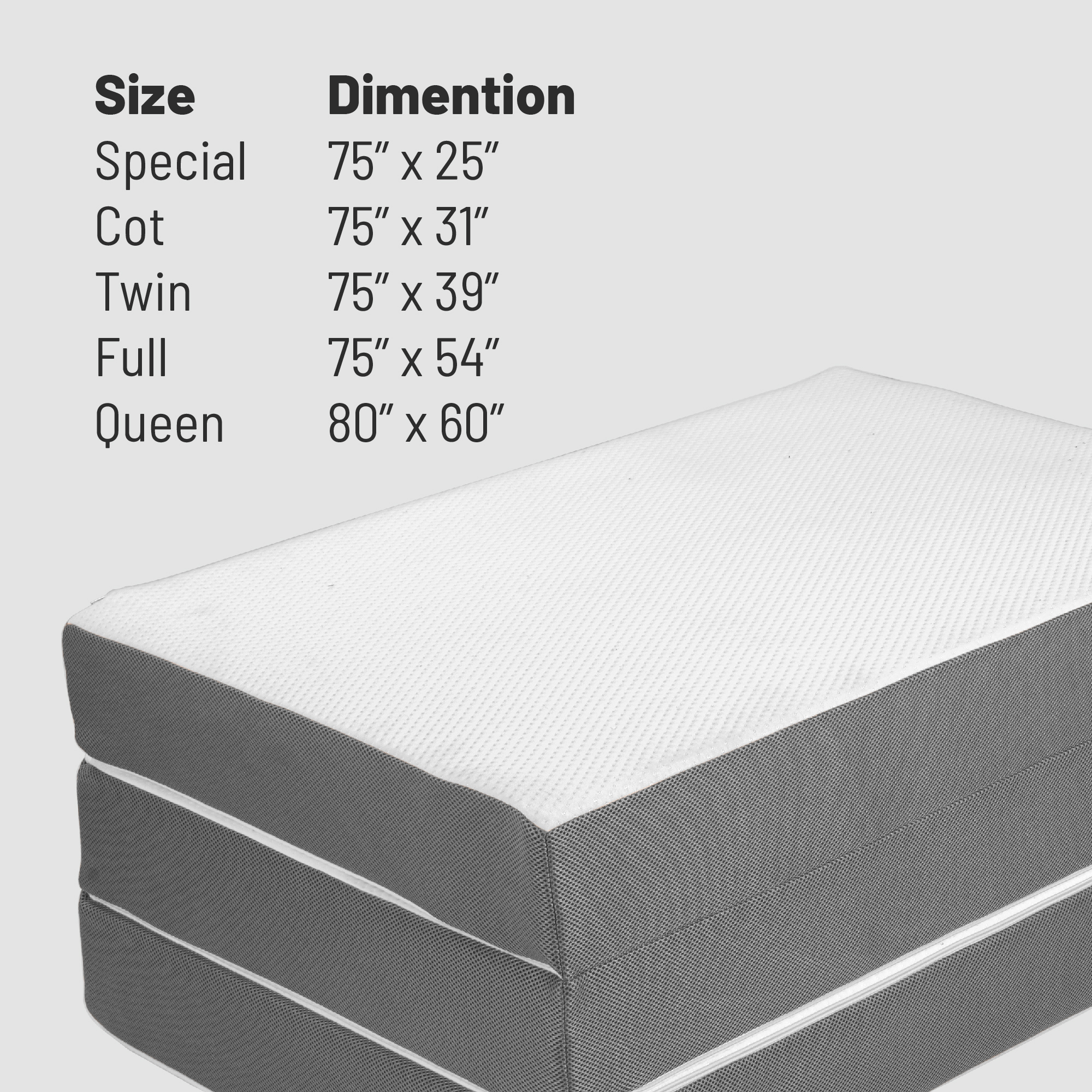 Continental Sleep, 5-Inch Tri-Folding Gel Memory Foam Portable Floor Mattress, Breathable Mesh, Ultra Soft, Removable and Washable Cover, Comfortable Support, 25-Inch, White