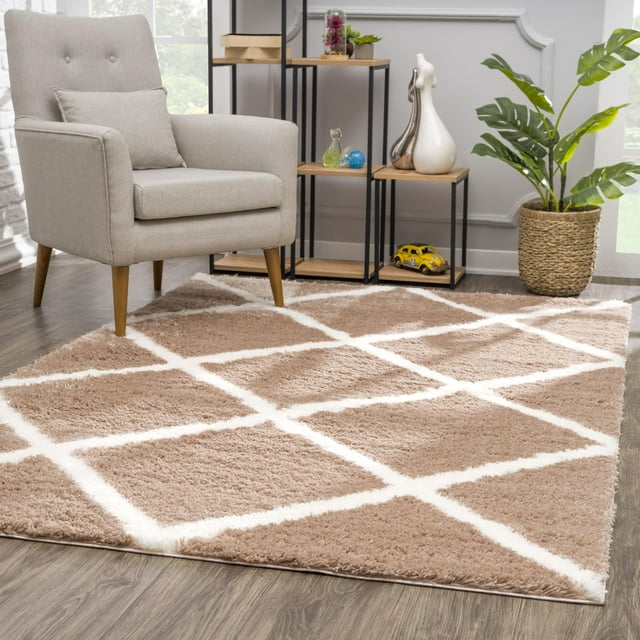 Rug Branch Terra 7' x 10' (6'7" x 9'6") Brown/White Trellis Indoor Area Rug, Contemporary, High Pile, Stain-Resistant Carpet - Living Room, Bedroom, Dining Room, and Kitchen