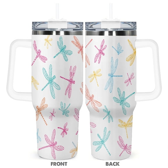 Dragonfly 40oz Travel Tumbler With Handle And Straw, Insulated Stainless Steel Cup With Lid, Gift For Animal Lovers