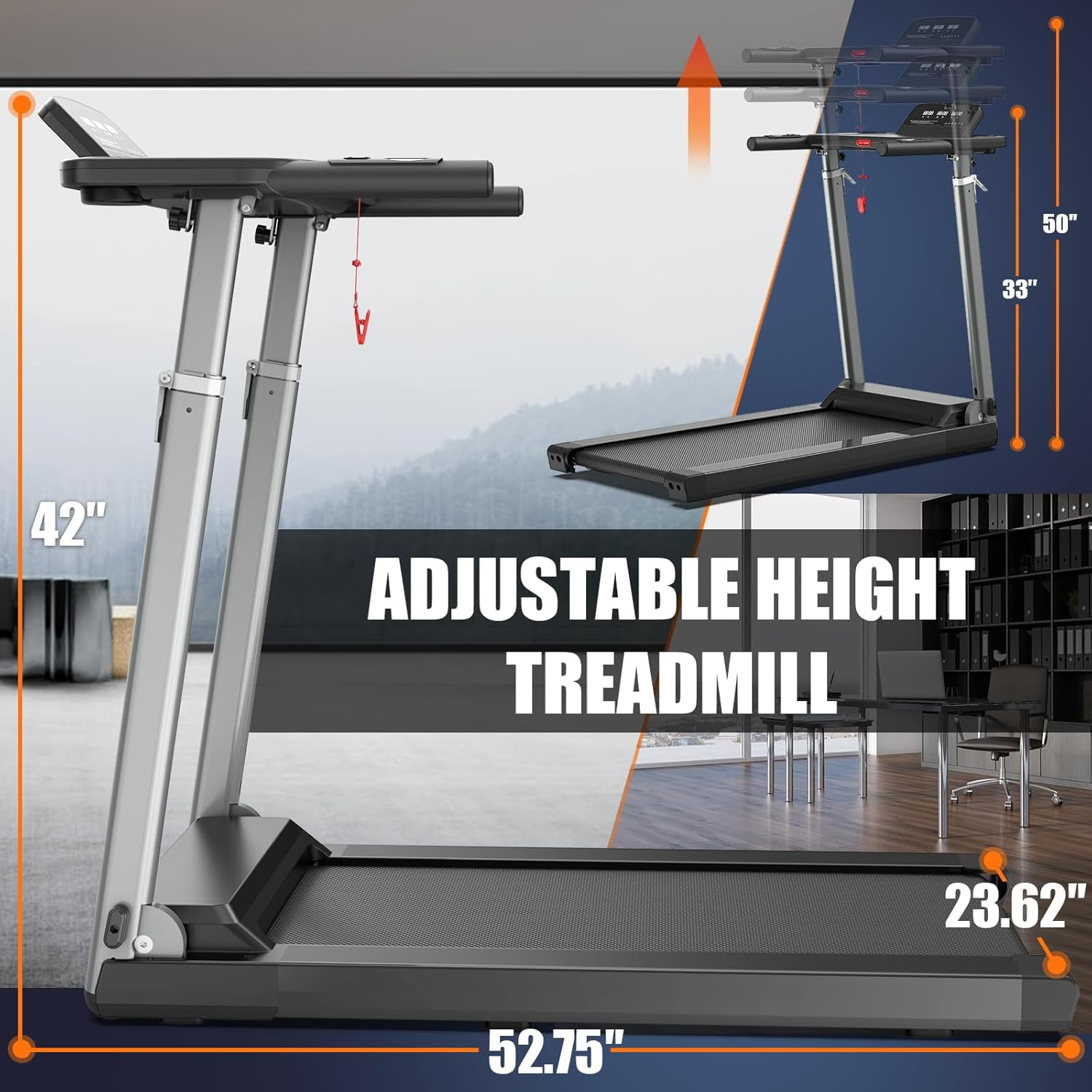 OBENSKY Foldable Treadmill with Desk Workstation & Adjustable Height, Folding Treadmill for home,Speed Range 0.6-7.5 mph,Bluetooth Speaker & App,350 LBS Weight Capacity