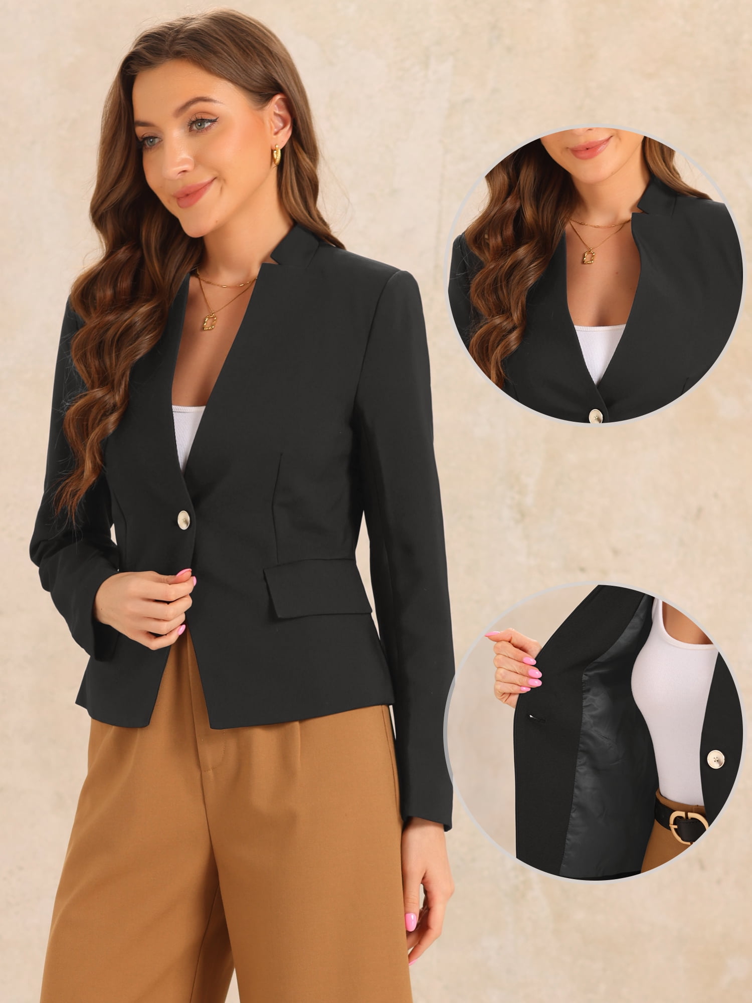 DARING DIVA Women's Business Casual Notched Stand Collar Work Blazer XS Black