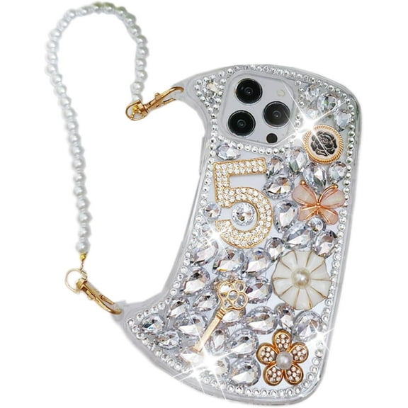 Compatible with iPhone 15 Pro Max Glitter Bling Case, Cute Luxury 3D Crystal Rhinestone Diamond Sparkle Shiny Gems Flower Pearl with Wristband Chain Women Girls Case for iPhone 15 Pro Max
