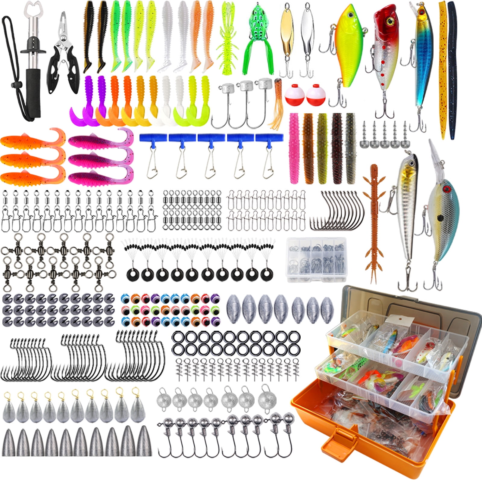 OUTGOO Large 3-Layer Fishing Tackle Box with Tackle Included, 415Pcs Fishing Lures Kit with Pliers, Crankbait, Hooks, Weights & Accessories, Freshwater Bass Fishing Gear and Equipment, Gift for Men
