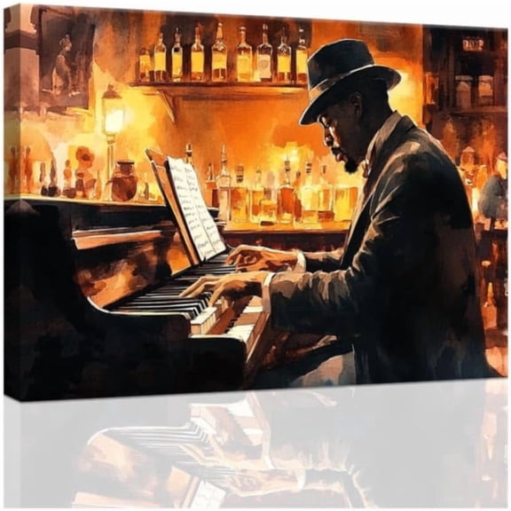 ZHONGYUTONG Black Music Canvas Wall Art African American Jazz Painting Music Playing Art Musical Instruments Prints Music Themed Men Room Home Decor Framed (12.00" x 18.00")