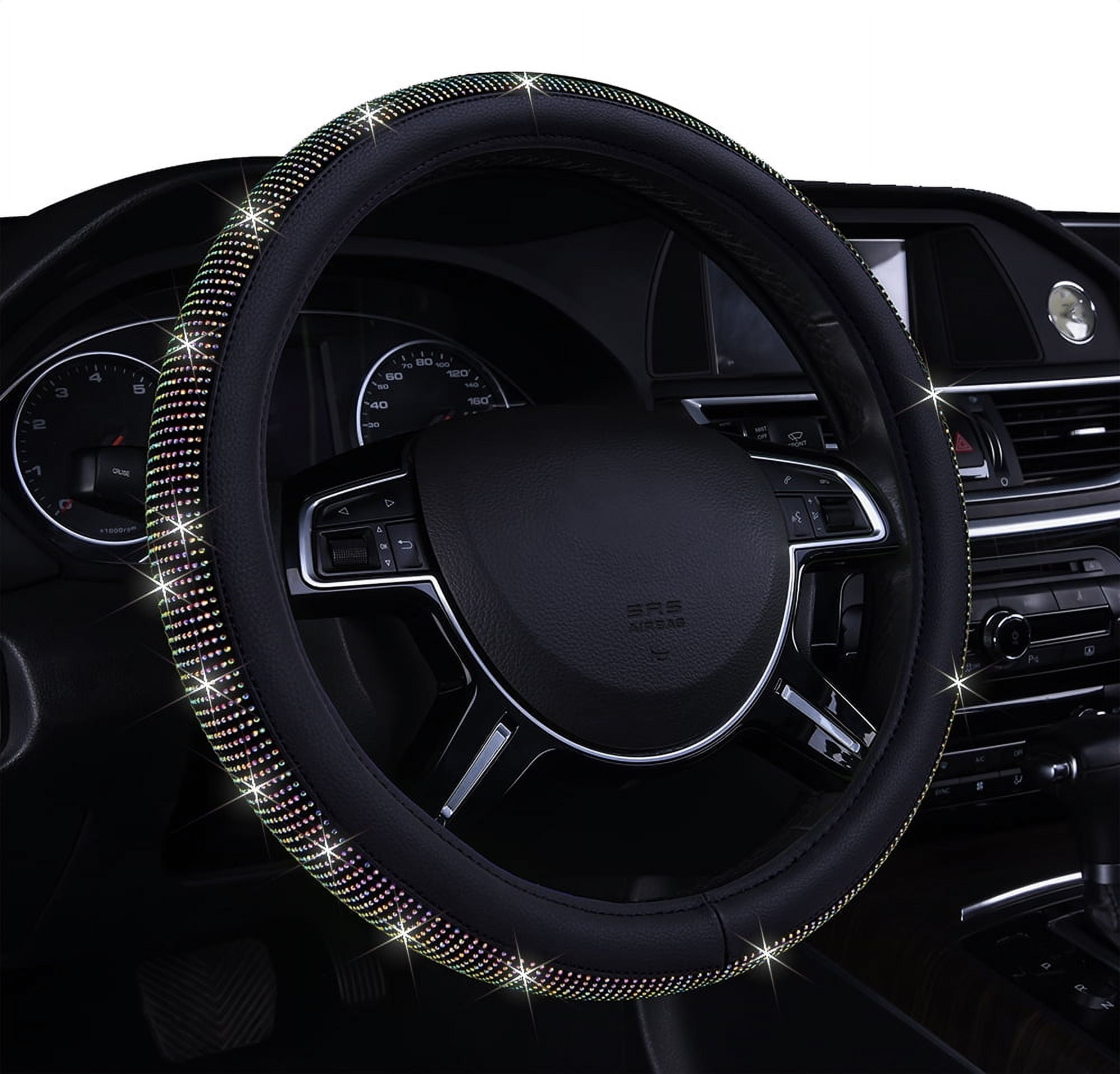 Auto Drive Black Universal Fit Iredescent Crystal Steering Wheel Cover, Fit for Cars, Suvs, Set of 1